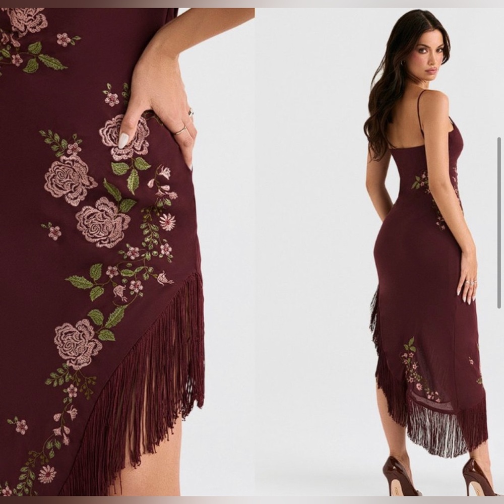 HOUSE OF CB 'Eloisa' Wine Embroidered Midi Dress size L+ - Picture 2 of 16